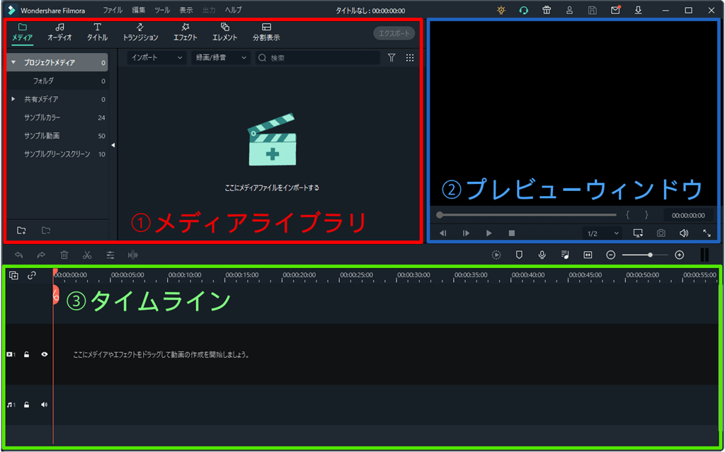 Filmoraの画面構成